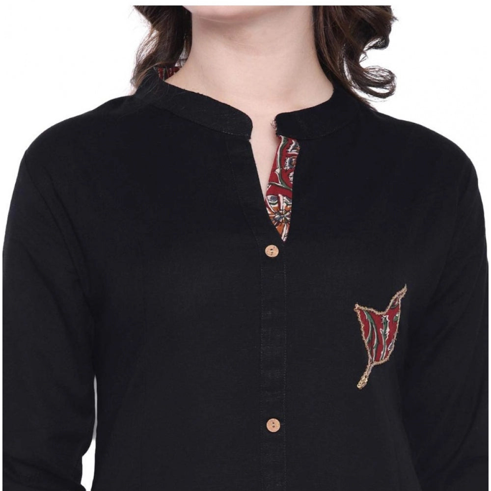 Generic Women's Khadi Printed A Line Kurti (Black, Khadi)