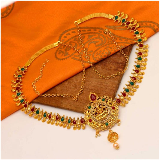 Generic Women's Maroon & Green Color Glass Stone Kamarband Adjustable Chain