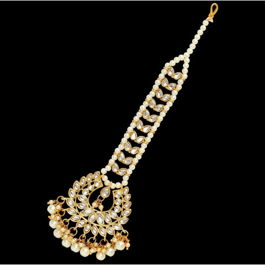 Generic Women's White Color Imitation Pearl & Kundan Maang Tikka