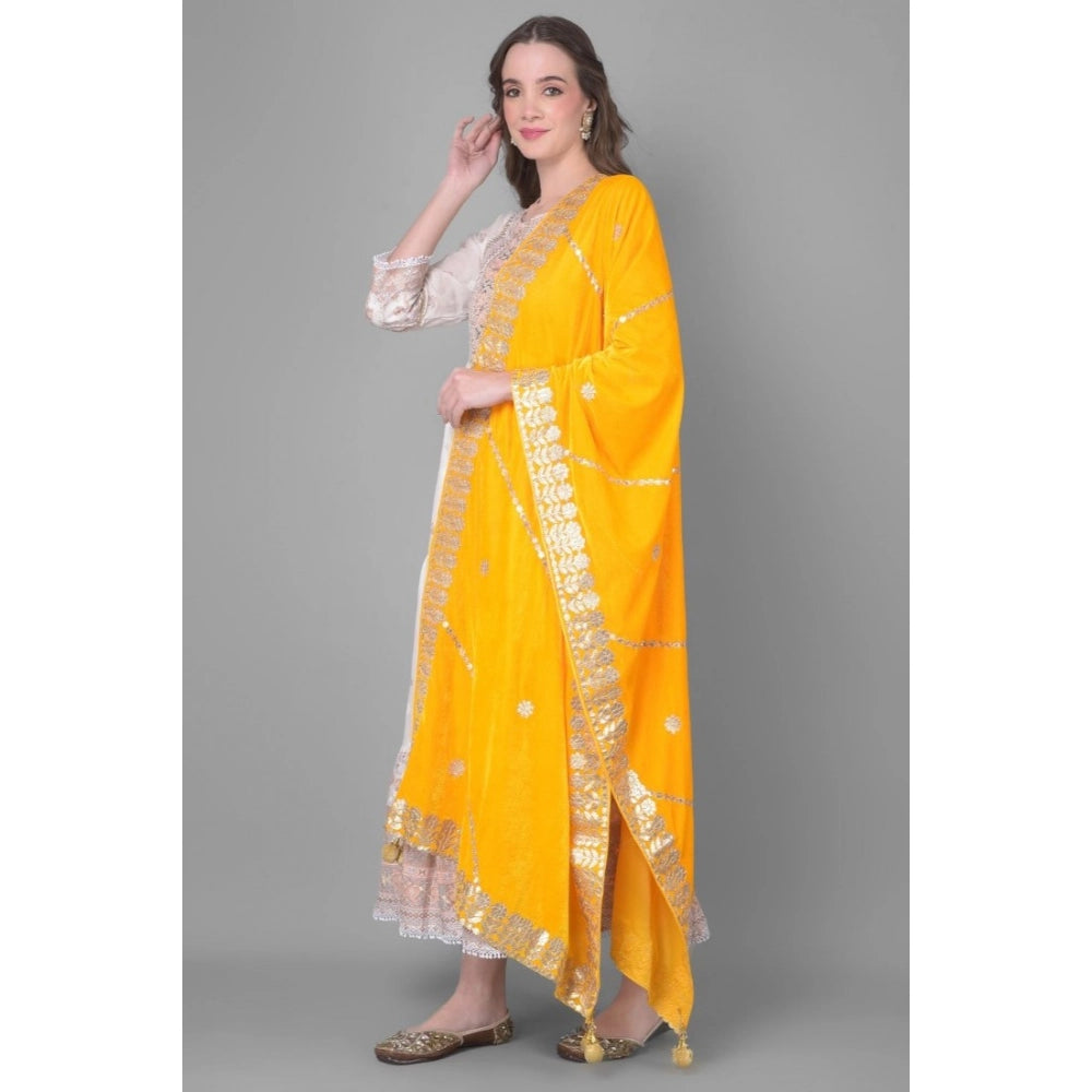 Generic Women's Velvet Gotta Patti Dupatta (Yellow, Length: 2.25 to 2.50 Mtr)