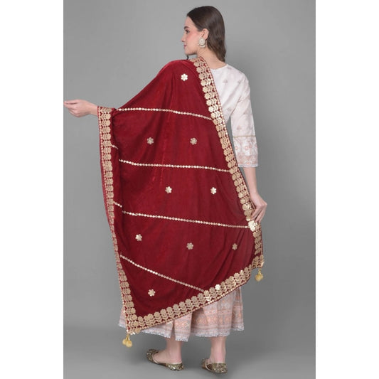 Generic Women's Velvet Gotta Patti Dupatta (Maroon, Length: 2.25 to 2.50 Mtr)
