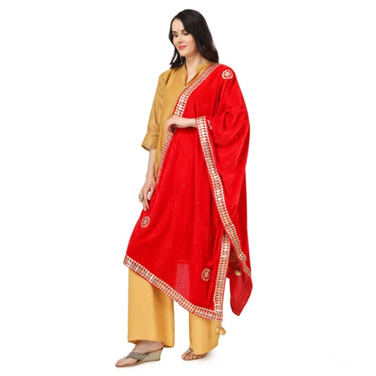 Generic Women's Velvet Gotta Patti Dupatta (Red, Length: 2.25 to 2.50 Mtr)