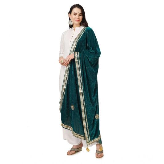 Generic Women's Velvet Gotta Patti Dupatta (Dark Green, Length: 2.25 to 2.50 Mtr)