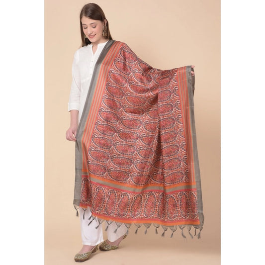 Generic Women's Art Silk Printed Dupatta (Orange, Length: 2.25 to 2.50 Mtr)