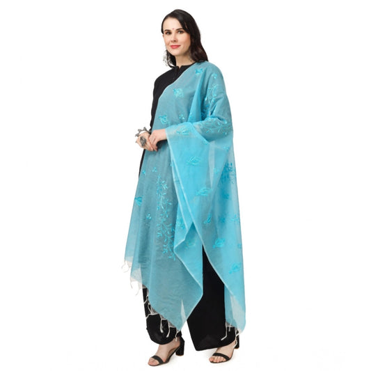 Generic Women's Cotton Embroidered Dupatta (Aqua Blue, Length: 2.25 to 2.50 Mtr)