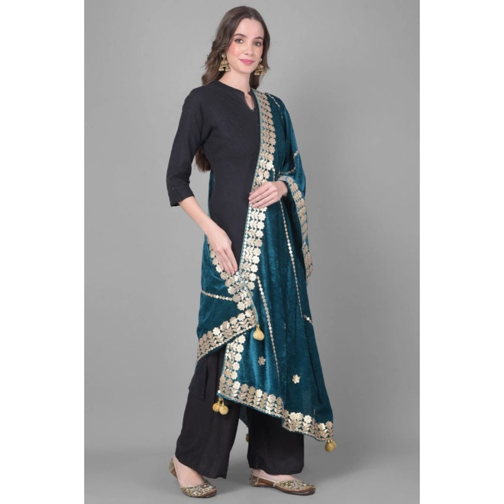 Generic Women's Velvet Gotta Patti Dupatta (Teal, Length: 2.25 to 2.50 Mtr)