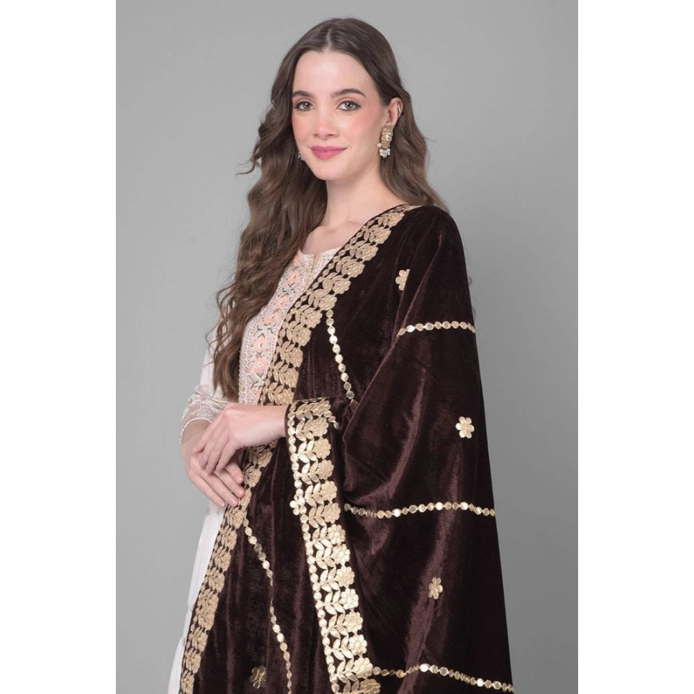 Generic Women's Velvet Gotta Patti Dupatta (Brown, Length: 2.25 to 2.50 Mtr)