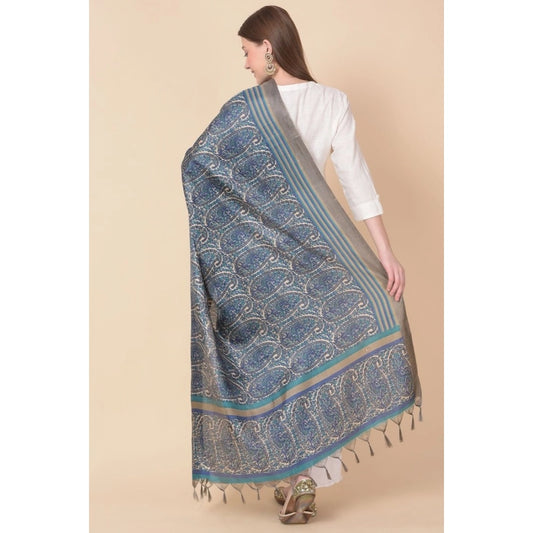 Generic Women's Art Silk Printed Dupatta (Blue, Length: 2.25 to 2.50 Mtr)