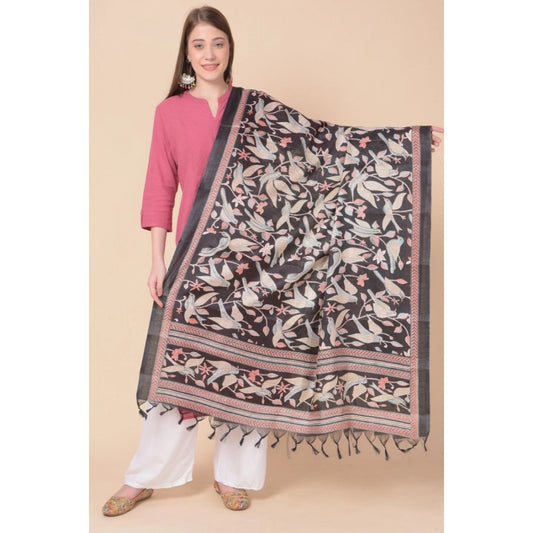 Generic Women's Art Silk Printed Dupatta (Black, Length: 2.25 to 2.50 Mtr)