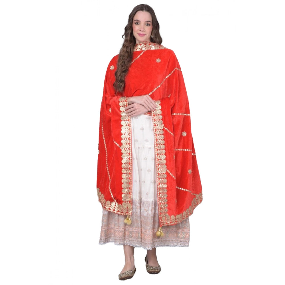 Generic Women's Velvet Gotta Patti Dupatta (Red, Length: 2.25 to 2.50 Mtr)
