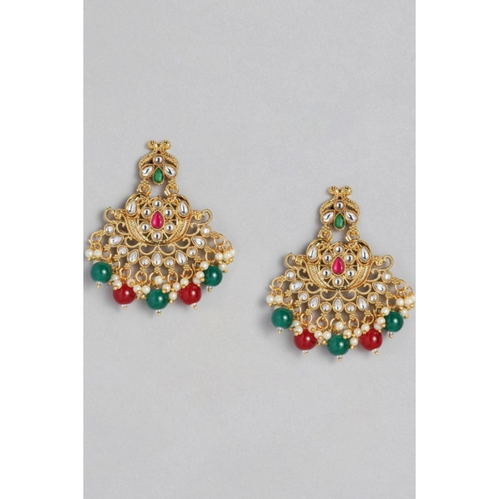 Generic Women's Rose Gold Plated Alloy Kundan Earrings & Mangtikka (Red & Green)