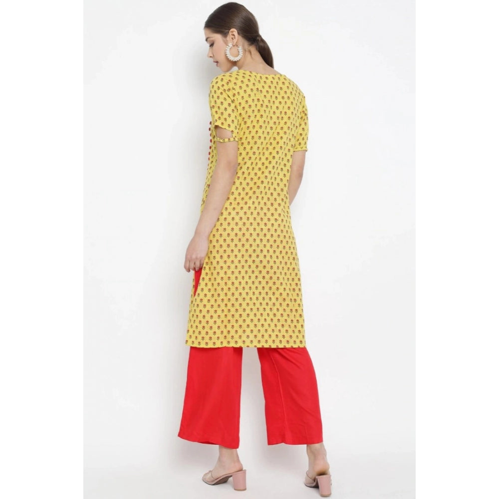 Generic Women's Casual Short Sleeves Floral Printed Cotton & Rayon Kurti Palazzo Set (Yellow & Red)