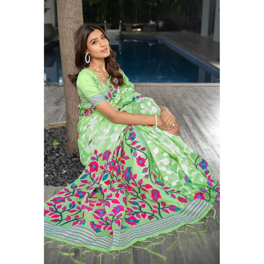 Generic Women's Cotton Printed Saree With Unstitched Blouse (Green, 5-6 Mtrs)