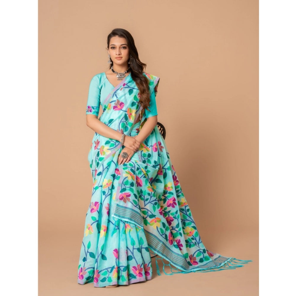 Generic Women's Cotton Printed Saree With Unstitched Blouse (Sky Blue, 5-6 Mtrs)