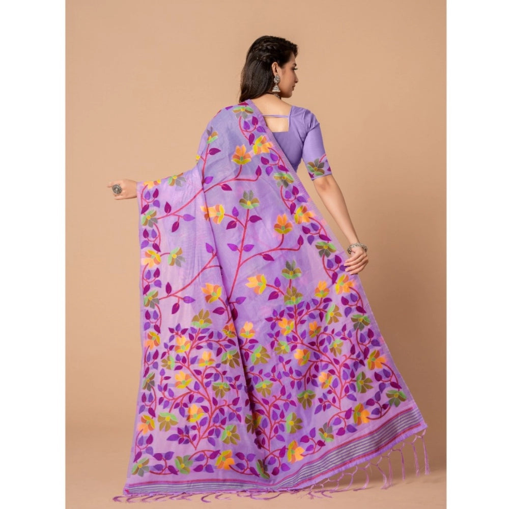 Generic Women's Cotton Printed Saree With Unstitched Blouse (Lavender, 5-6 Mtrs)