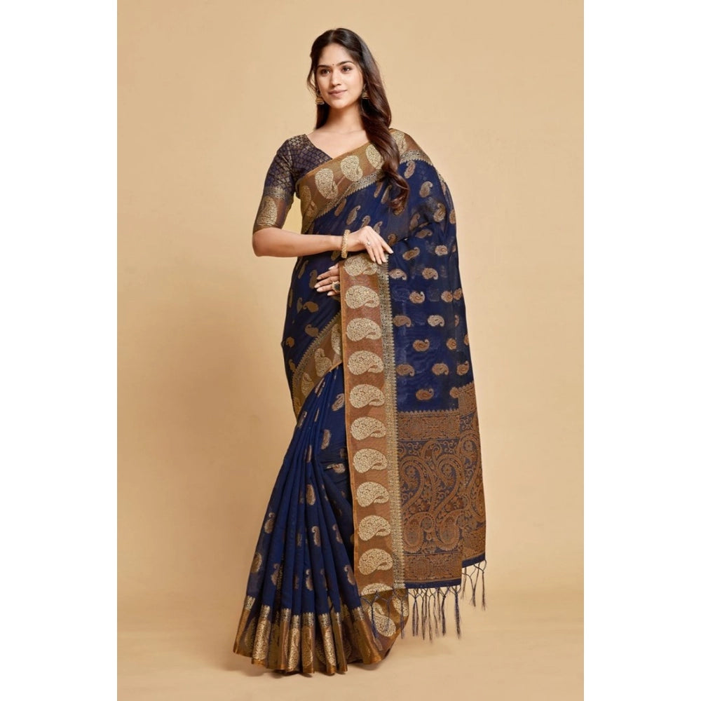 Generic Women's Chanderi Cotton Printed Saree With Unstitched Blouse (Navy Blue, 5-6 Mtrs)