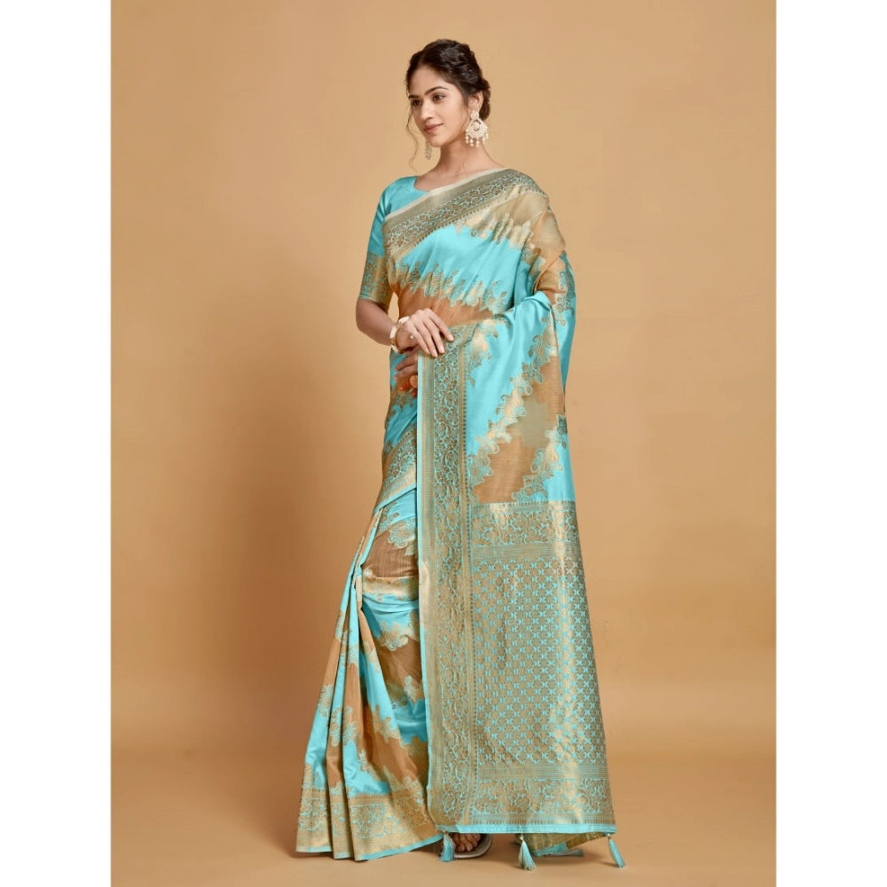 Generic Women's Linen Printed Saree With Unstitched Blouse (Sky Blue, 5-6 Mtrs)