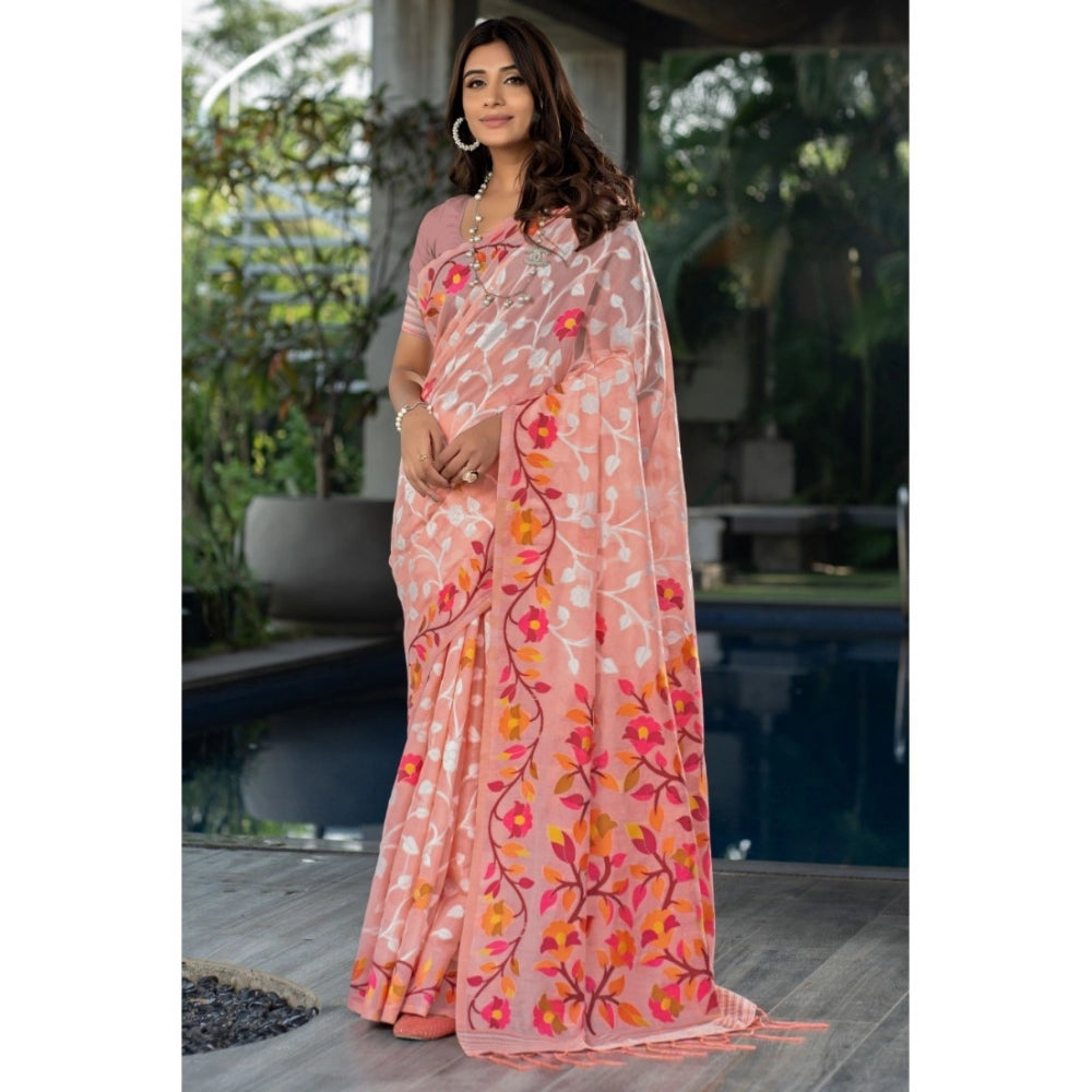 Generic Women's Cotton Printed Saree With Unstitched Blouse (Peach, 5-6 Mtrs)