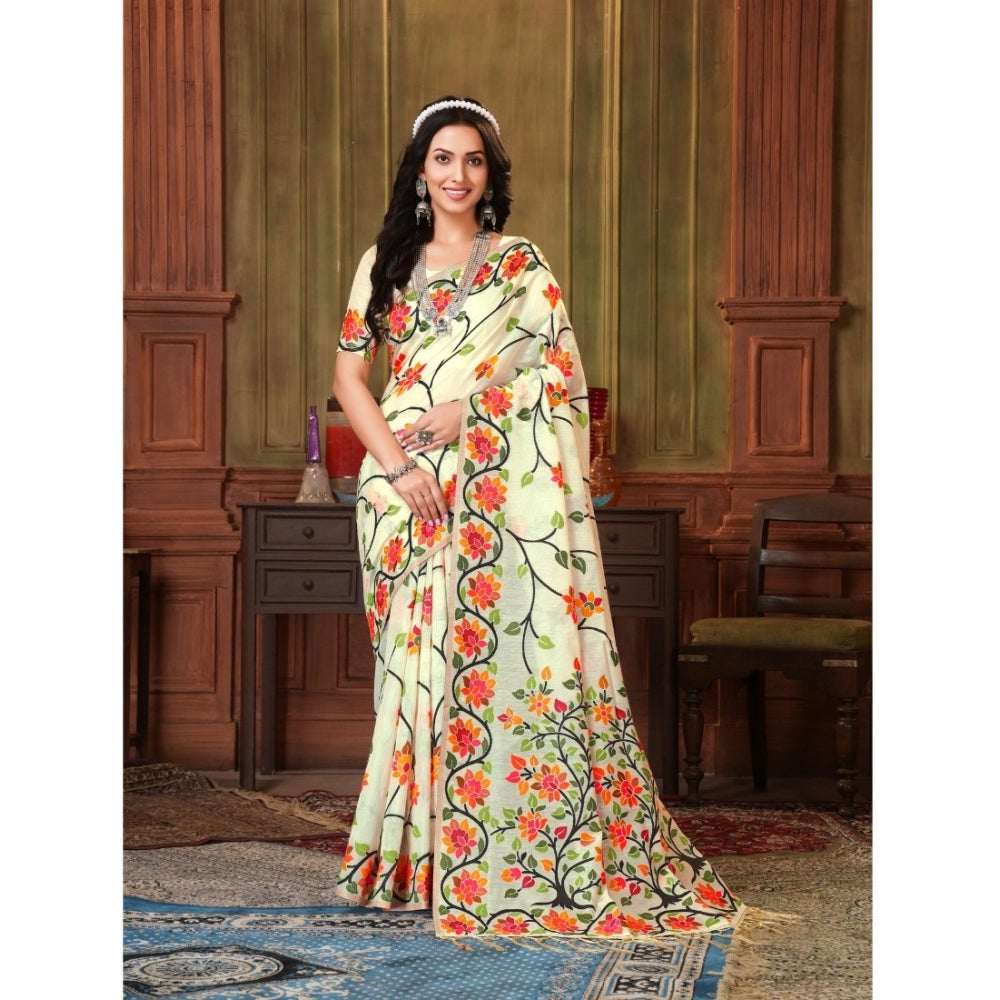 Generic Women's Organza Printed Saree With Unstitched Blouse (White, 5-6 Mtrs)