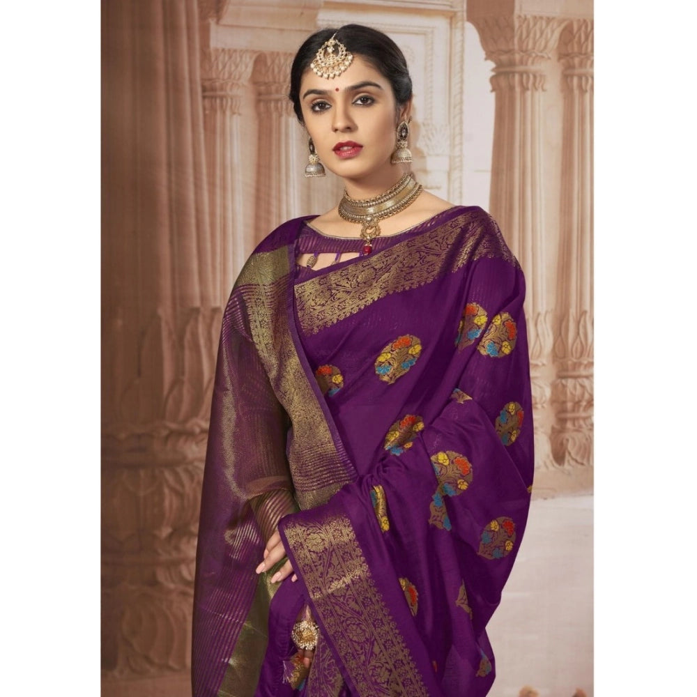Generic Women's Chanderi Cotton Printed Saree With Unstitched Blouse (Purple, 5-6 Mtrs)
