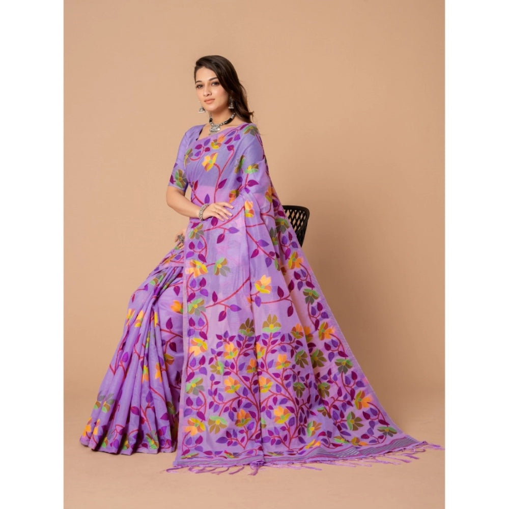 Generic Women's Cotton Printed Saree With Unstitched Blouse (Lavender, 5-6 Mtrs)