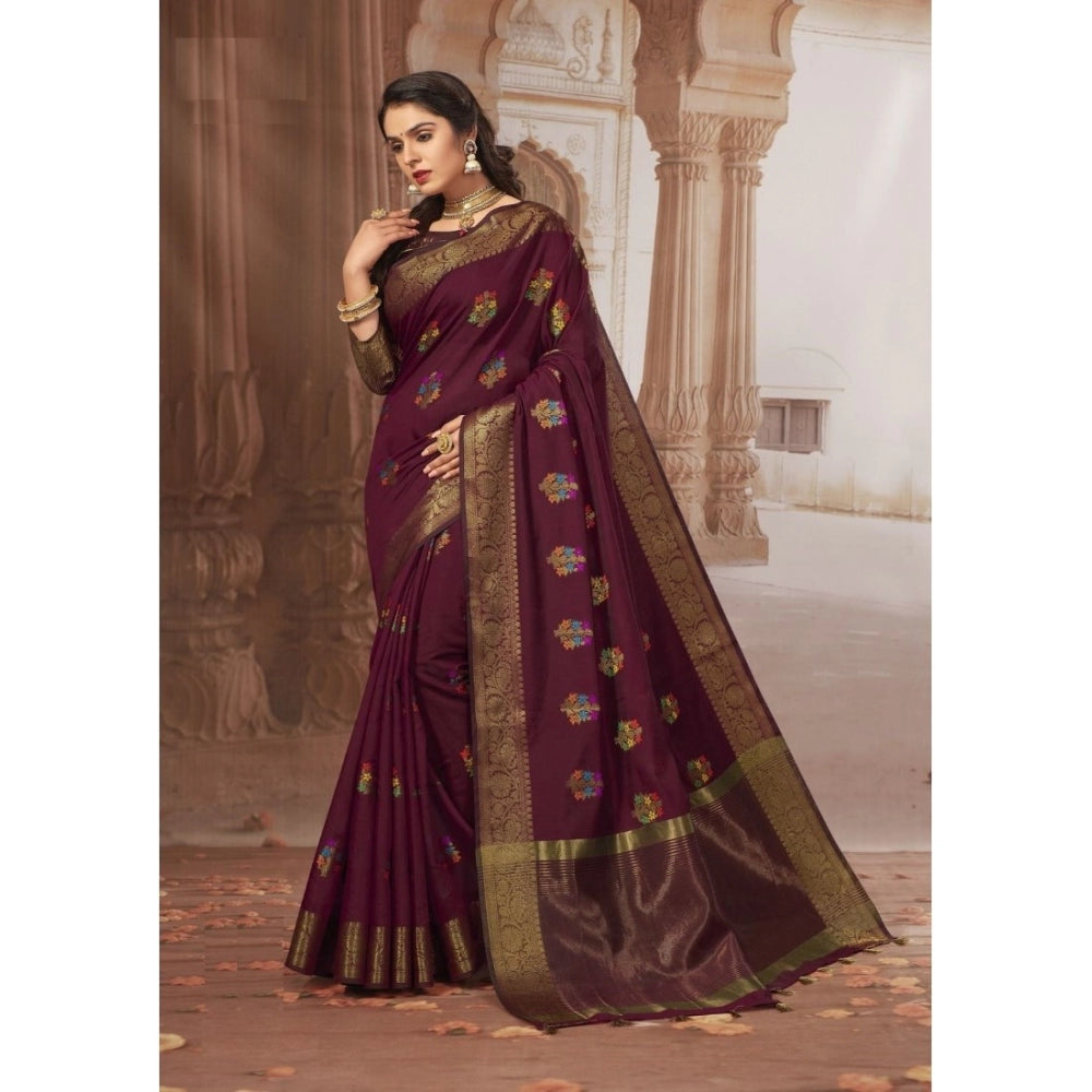 Generic Women's Chanderi Cotton Printed Saree With Unstitched Blouse (Maroon, 5-6 Mtrs)