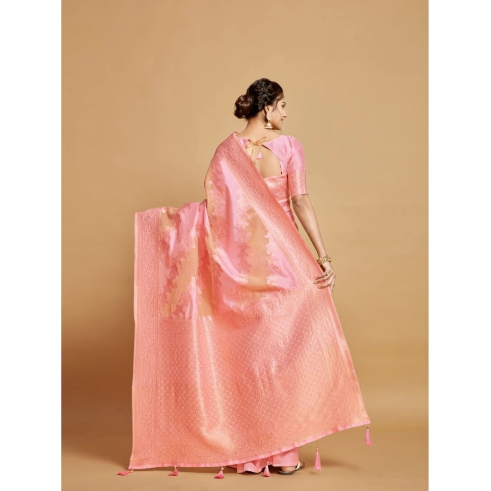Generic Women's Linen Printed Saree With Unstitched Blouse (Pink, 5-6 Mtrs)