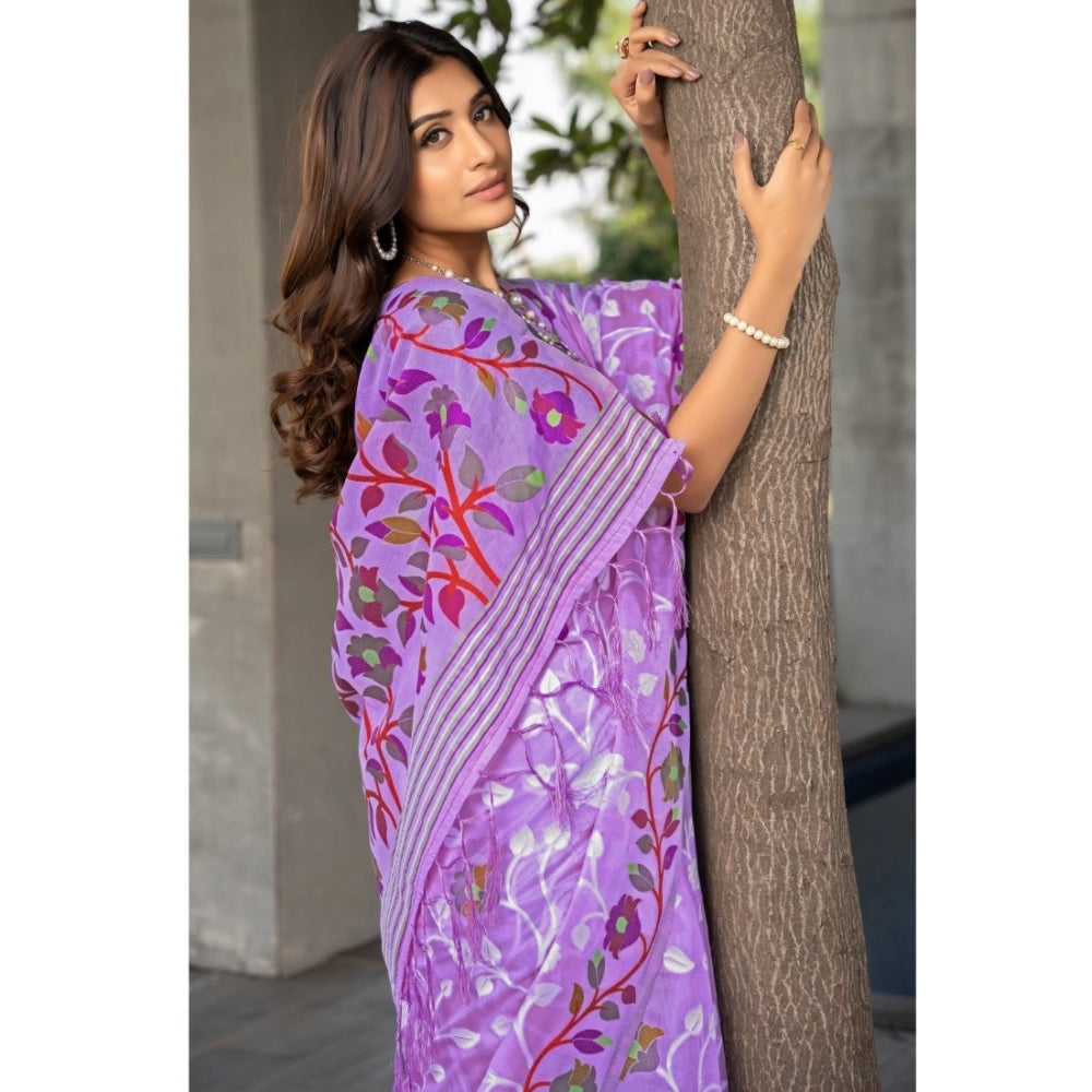 Generic Women's Cotton Printed Saree With Unstitched Blouse (Lavender, 5-6 Mtrs)