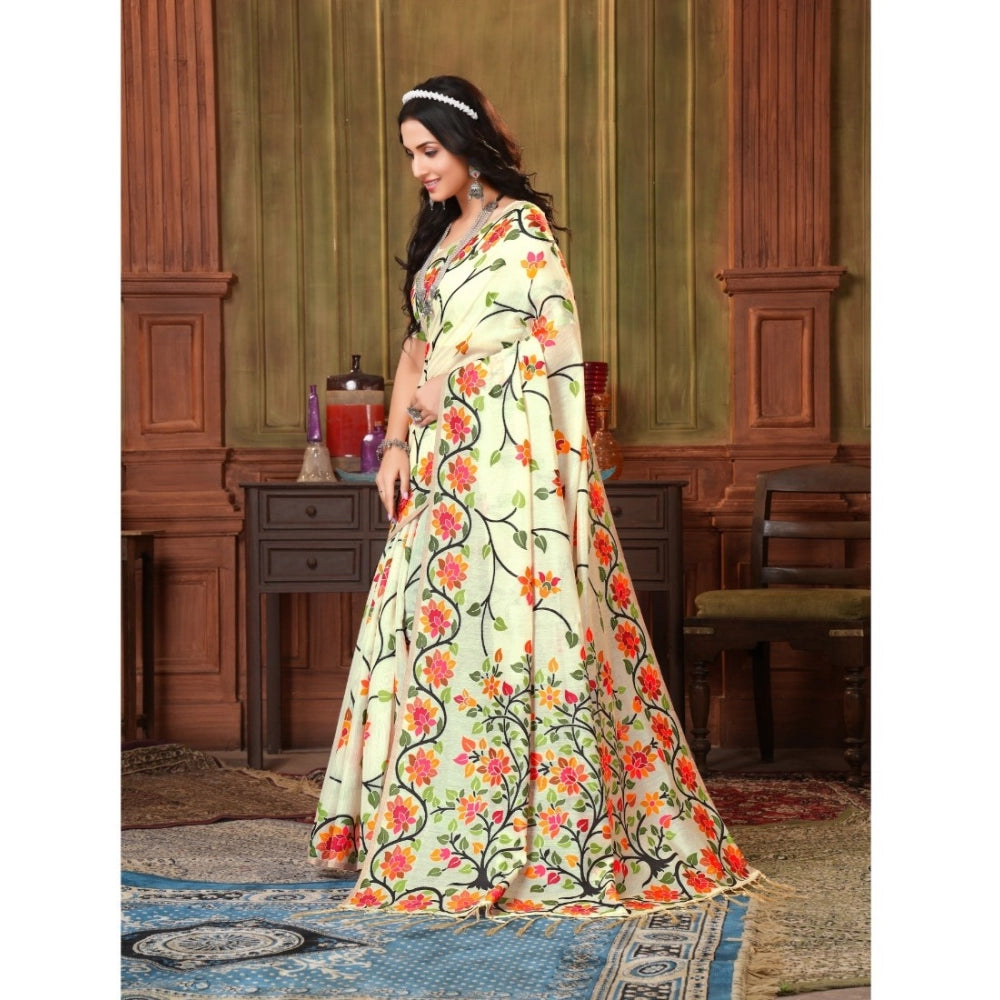 Generic Women's Organza Printed Saree With Unstitched Blouse (White, 5-6 Mtrs)