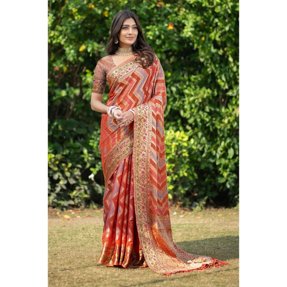 Generic Women's Organza Printed Saree With Unstitched Blouse (Orange, 5-6 Mtrs)