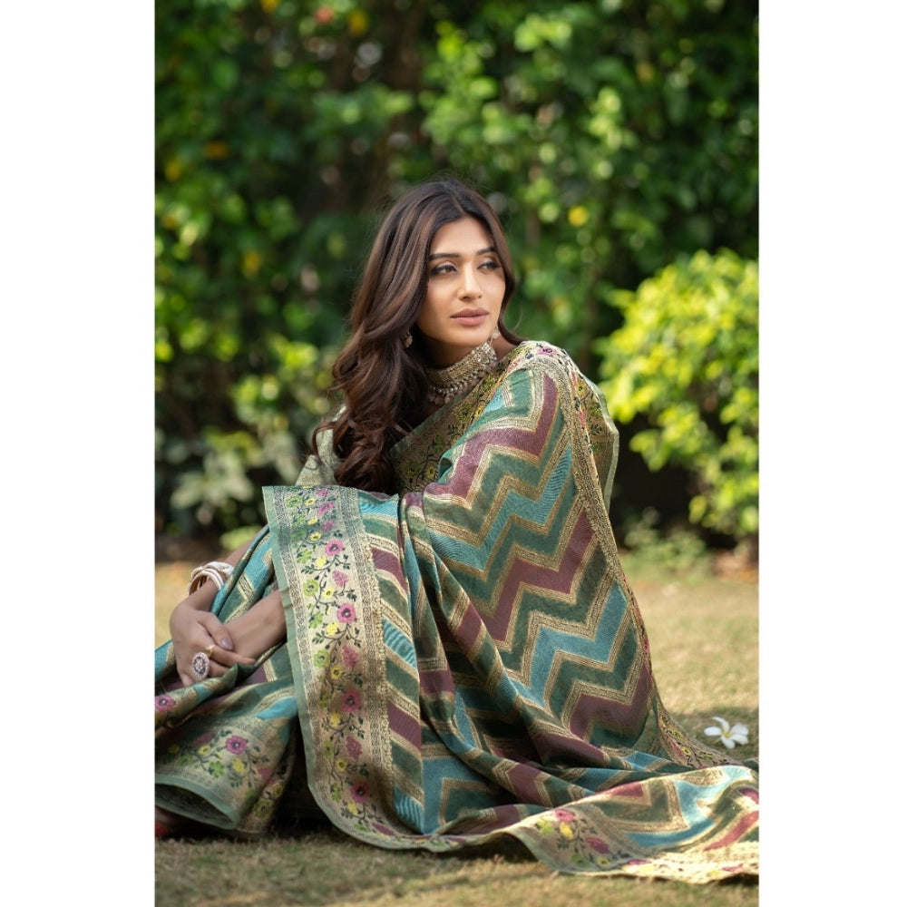 Generic Women's Organza Printed Saree With Unstitched Blouse (Green, 5-6 Mtrs)