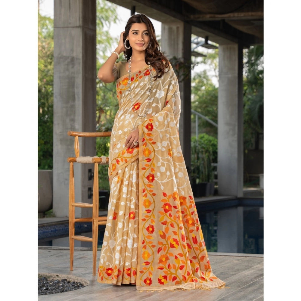 Generic Women's Cotton Printed Saree With Unstitched Blouse (Beige, 5-6 Mtrs)