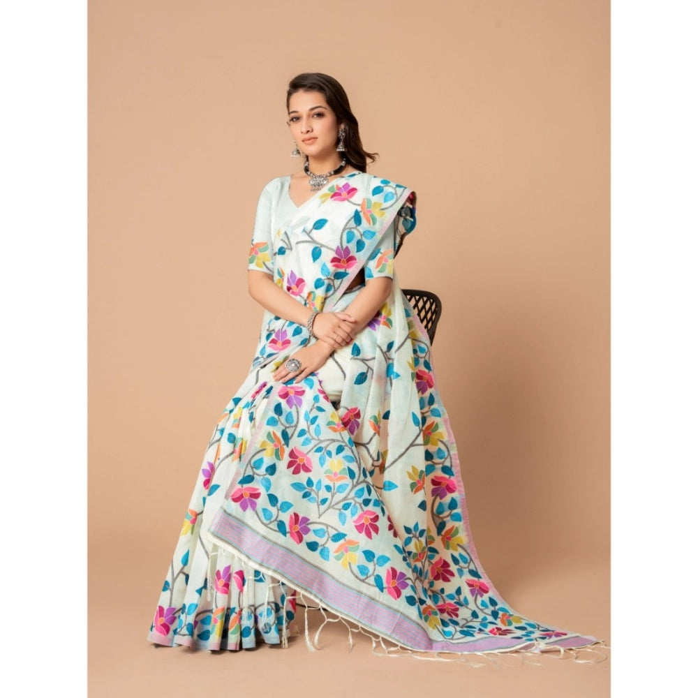 Generic Women's Cotton Printed Saree With Unstitched Blouse (White, 5-6 Mtrs)