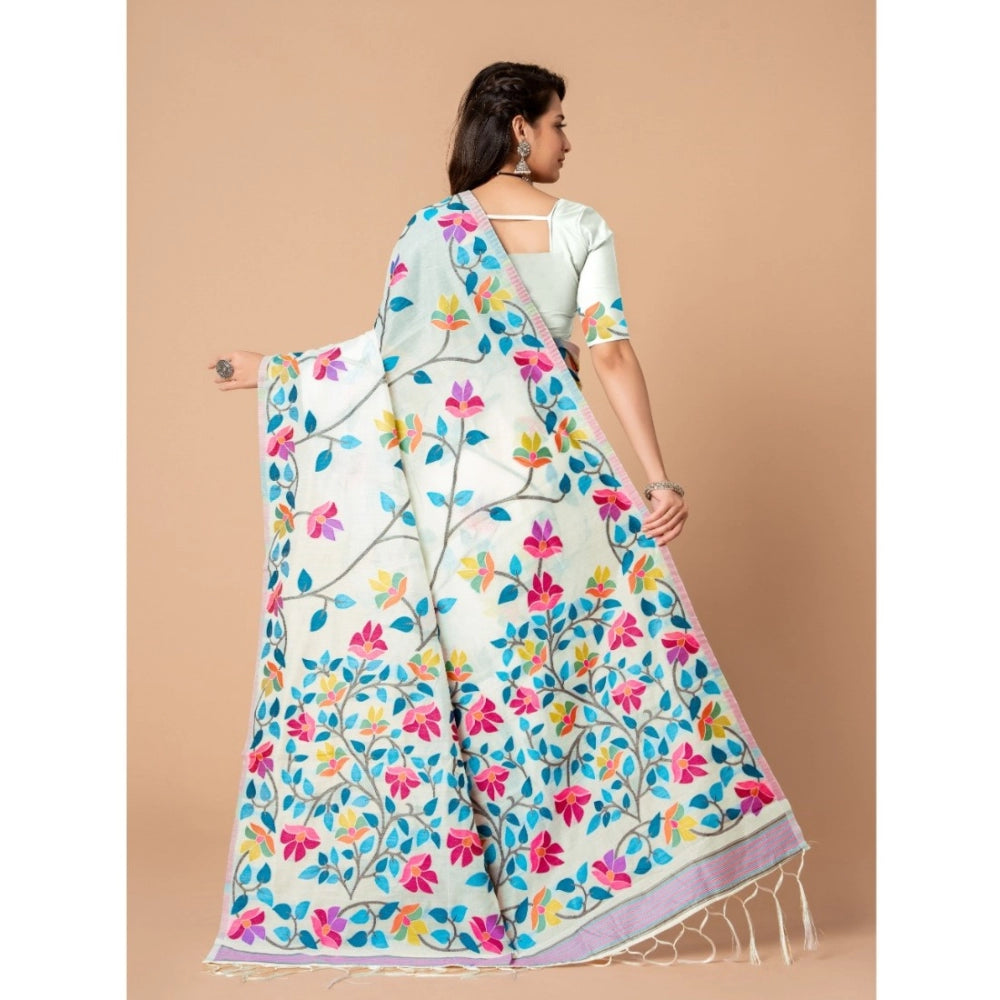 Generic Women's Cotton Printed Saree With Unstitched Blouse (White, 5-6 Mtrs)