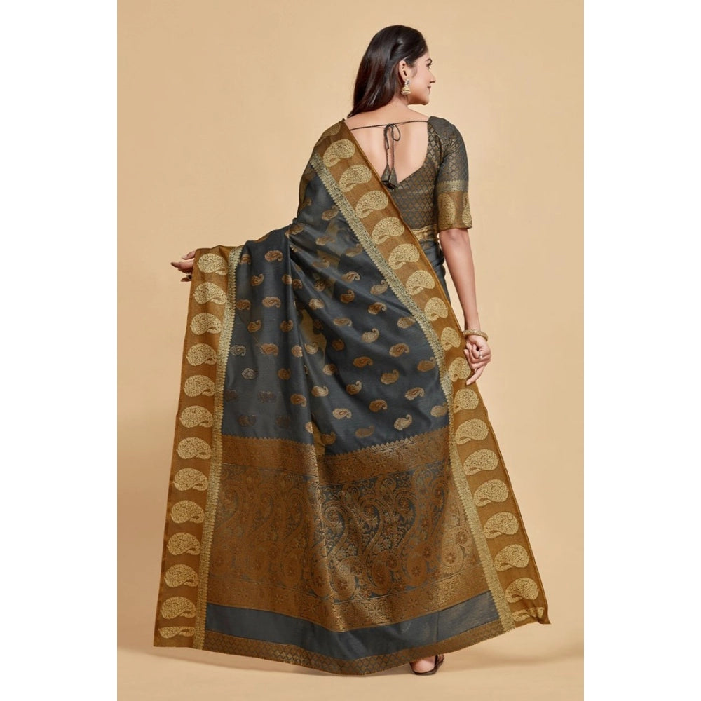 Generic Women's Chanderi Cotton Printed Saree With Unstitched Blouse (Grey, 5-6 Mtrs)
