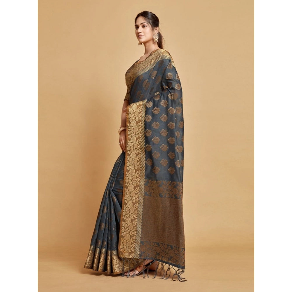 Generic Women's Chanderi Cotton Printed Saree With Unstitched Blouse (Grey, 5-6 Mtrs)