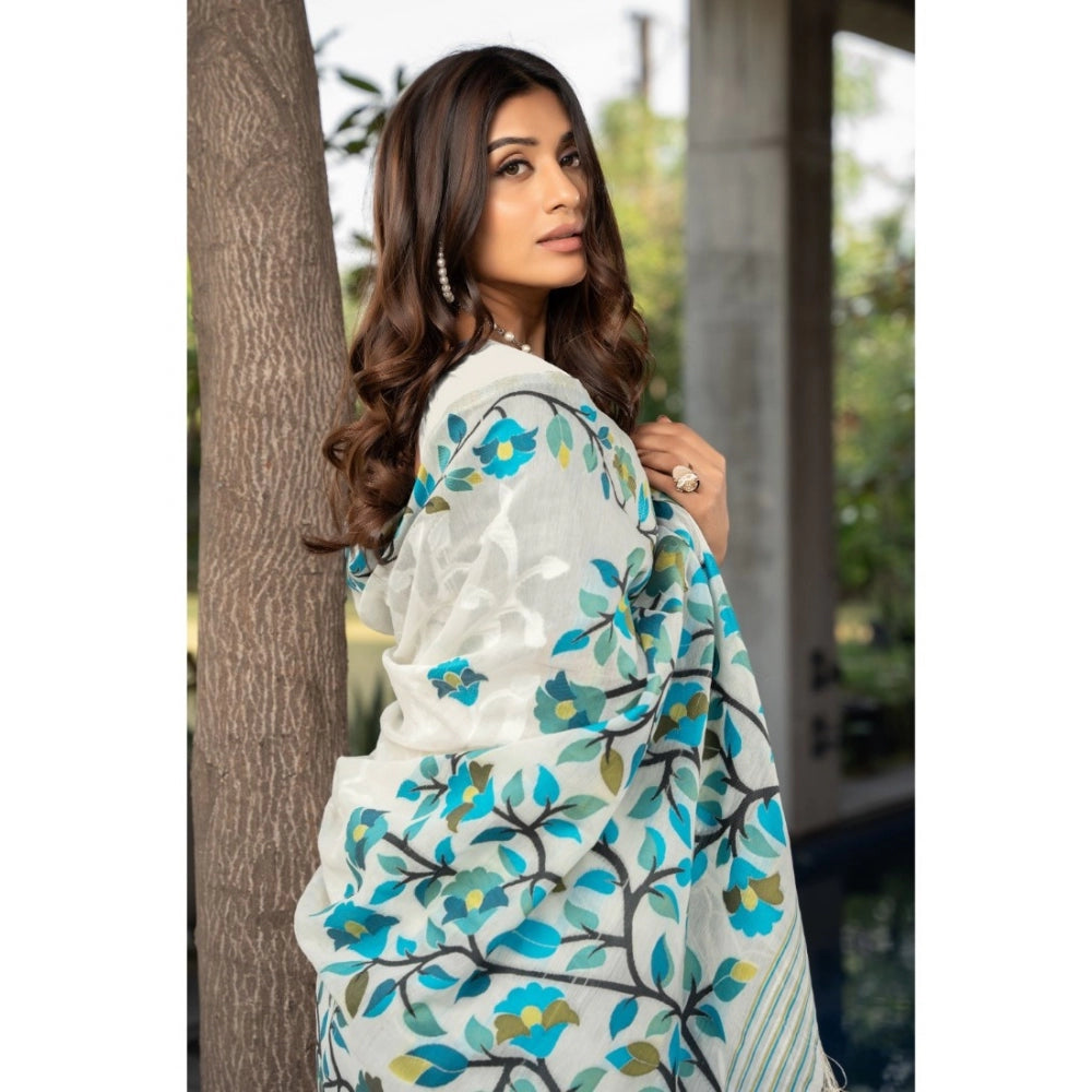 Generic Women's Cotton Printed Saree With Unstitched Blouse (White, 5-6 Mtrs)