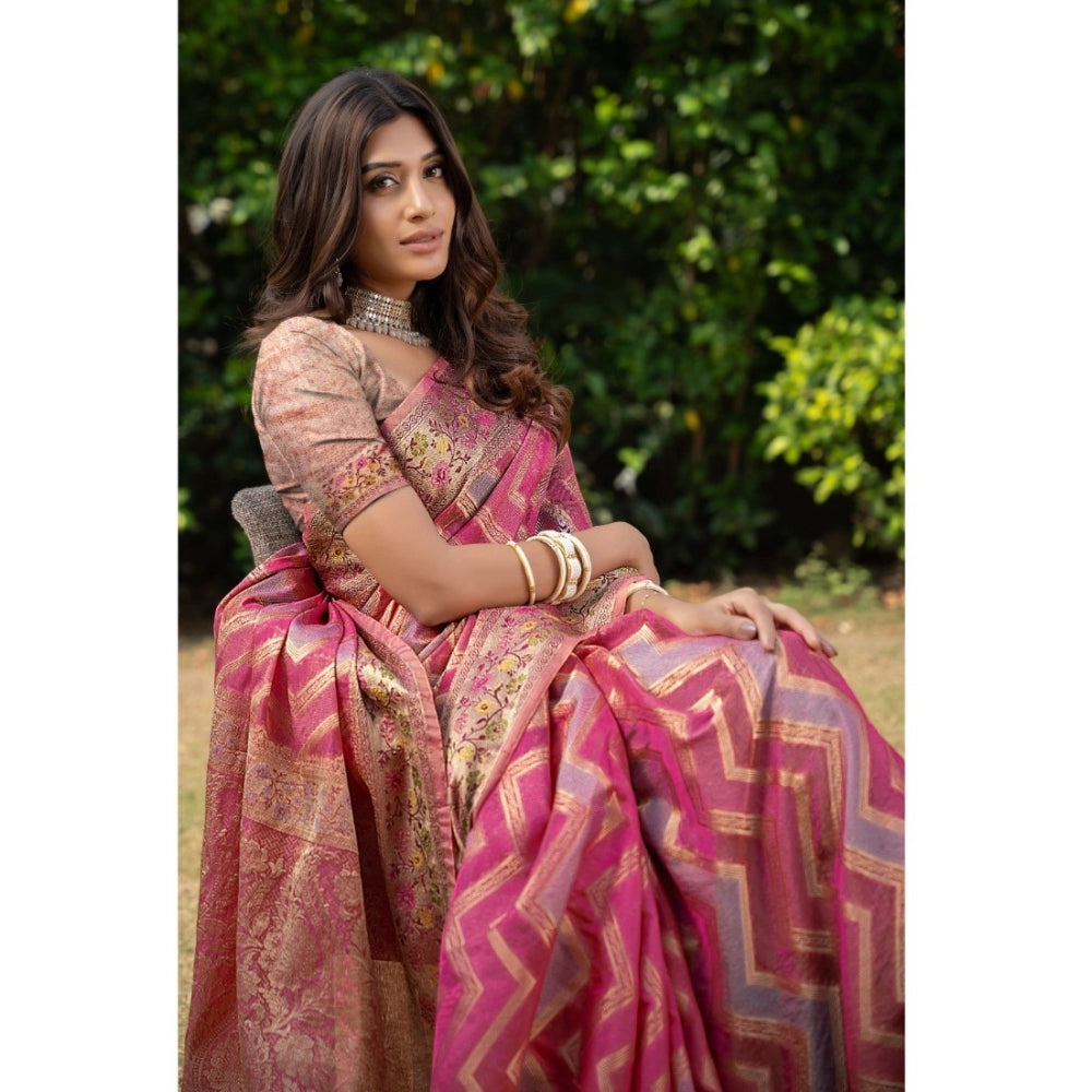 Generic Women's Organza Printed Saree With Unstitched Blouse (Pink, 5-6 Mtrs)