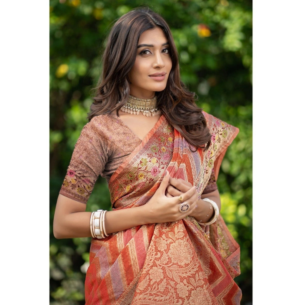 Generic Women's Organza Printed Saree With Unstitched Blouse (Orange, 5-6 Mtrs)