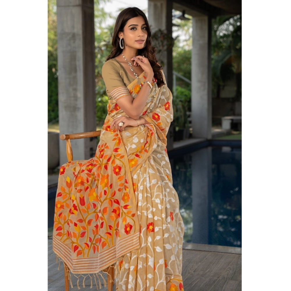 Generic Women's Cotton Printed Saree With Unstitched Blouse (Beige, 5-6 Mtrs)