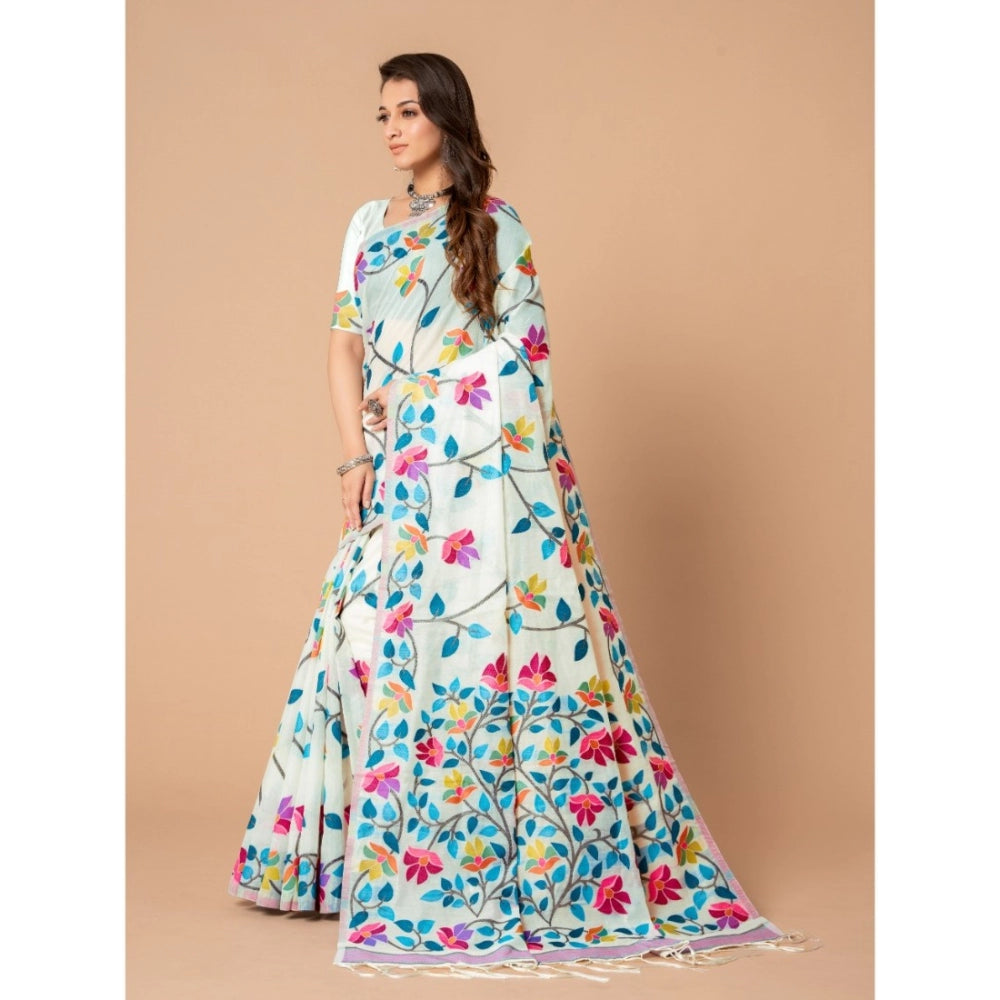 Generic Women's Cotton Printed Saree With Unstitched Blouse (White, 5-6 Mtrs)