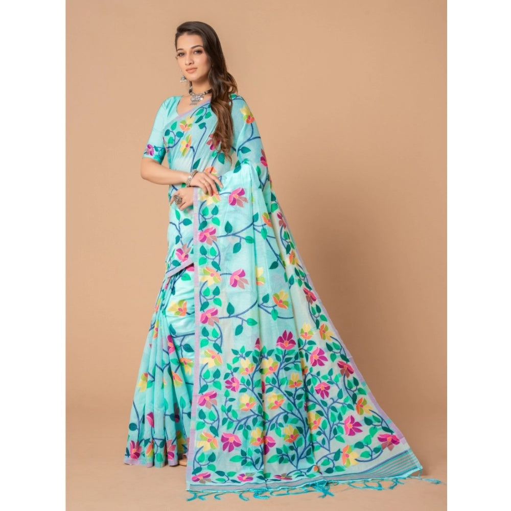 Generic Women's Cotton Printed Saree With Unstitched Blouse (Sky Blue, 5-6 Mtrs)