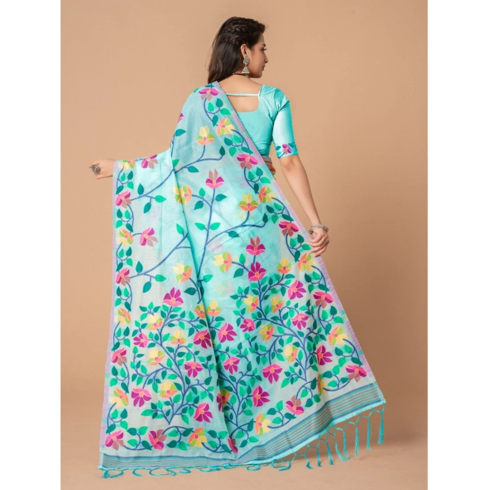 Generic Women's Cotton Printed Saree With Unstitched Blouse (Sky Blue, 5-6 Mtrs)