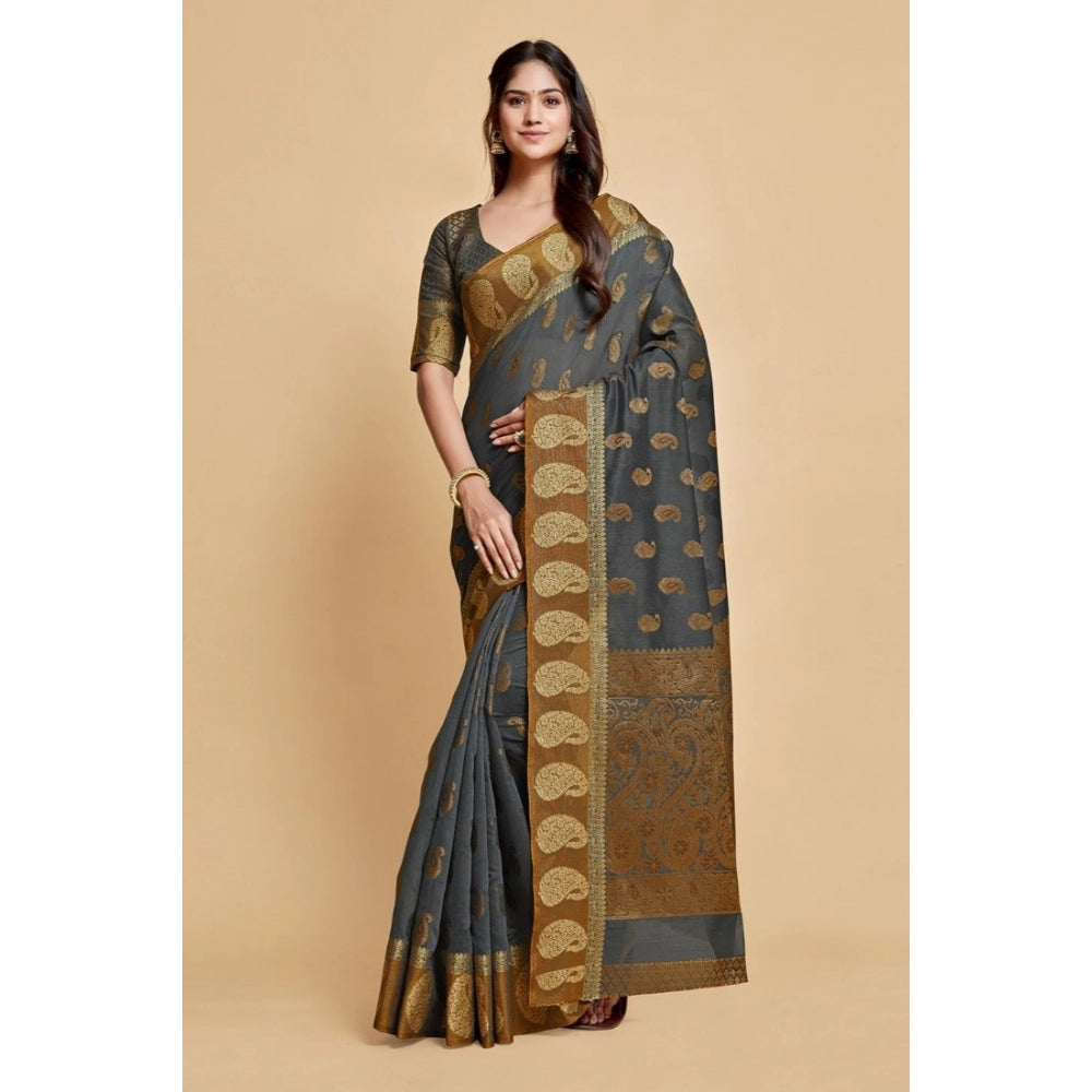 Generic Women's Chanderi Cotton Printed Saree With Unstitched Blouse (Grey, 5-6 Mtrs)