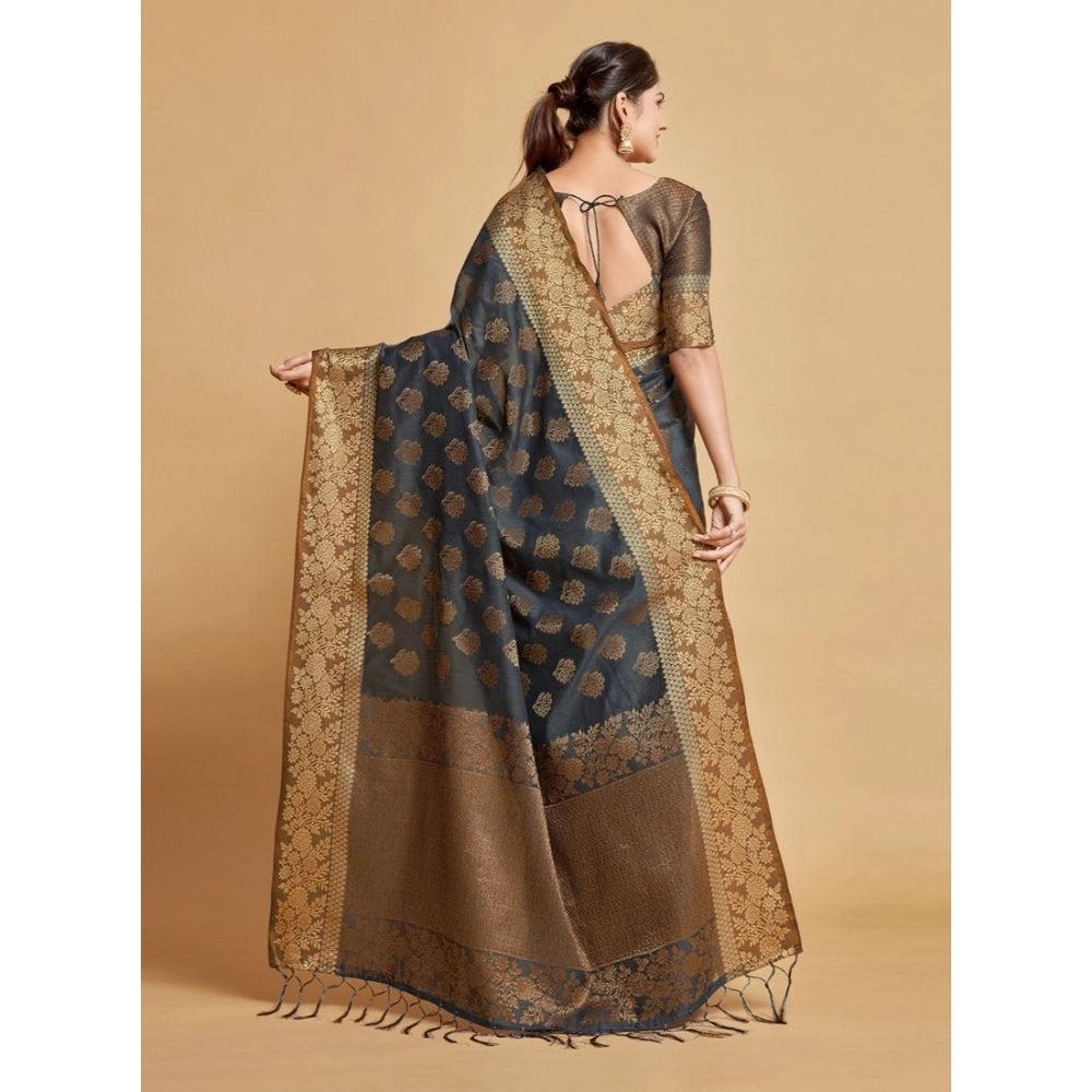 Generic Women's Chanderi Cotton Printed Saree With Unstitched Blouse (Grey, 5-6 Mtrs)