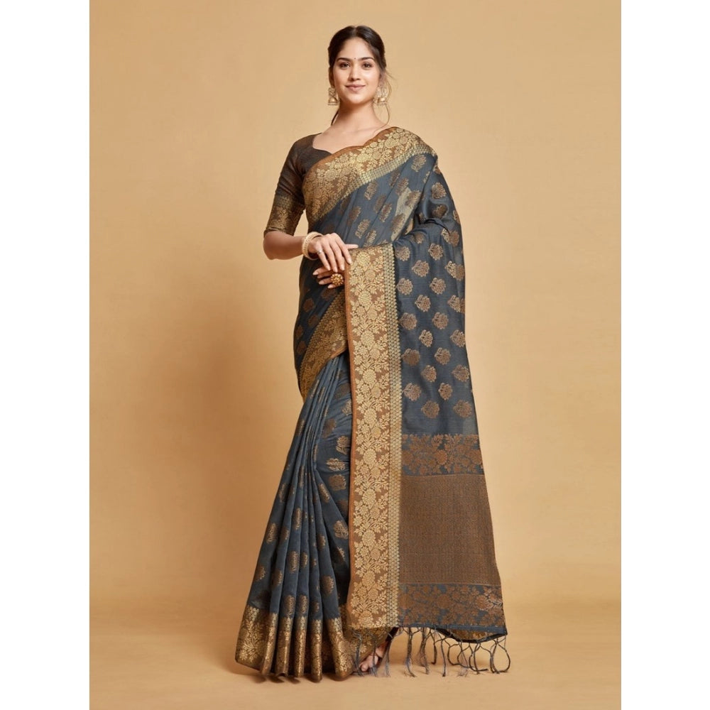 Generic Women's Chanderi Cotton Printed Saree With Unstitched Blouse (Grey, 5-6 Mtrs)