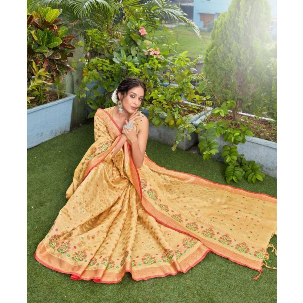 Generic Women's Organza Printed Saree With Unstitched Blouse (Beige, 5-6 Mtrs)