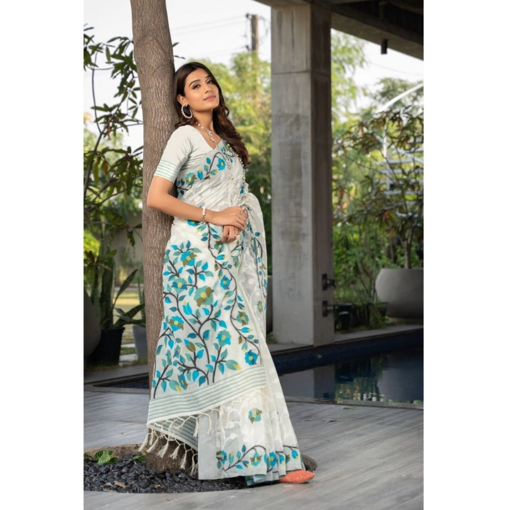 Generic Women's Cotton Printed Saree With Unstitched Blouse (White, 5-6 Mtrs)
