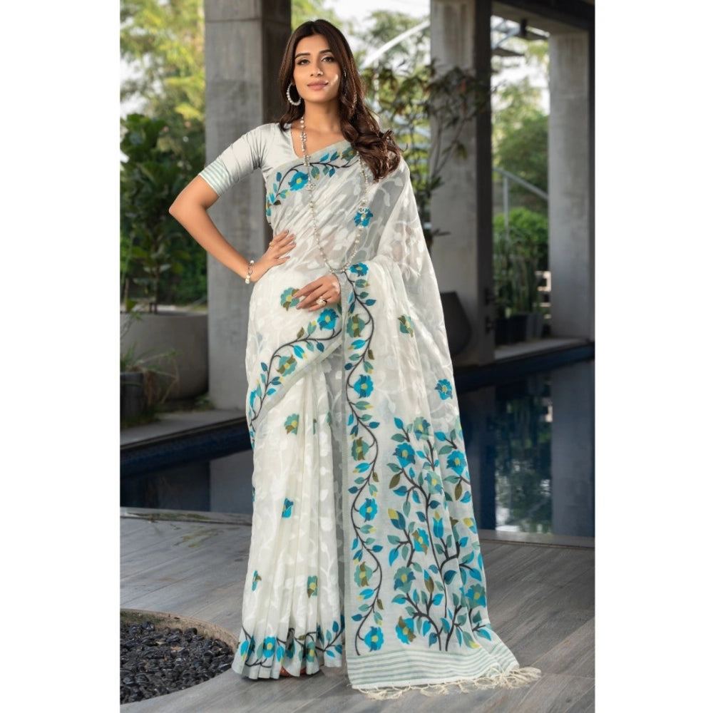 Generic Women's Cotton Printed Saree With Unstitched Blouse (White, 5-6 Mtrs)