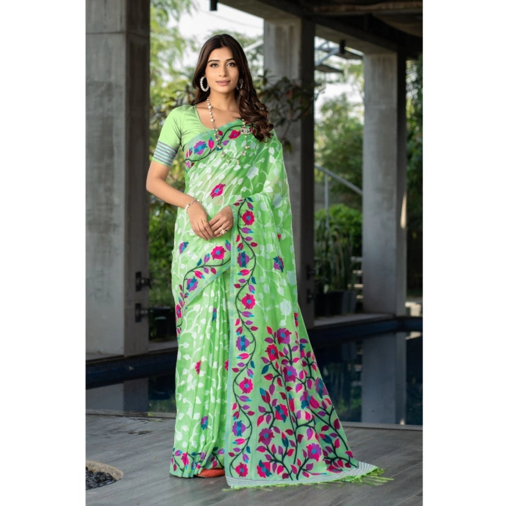 Generic Women's Cotton Printed Saree With Unstitched Blouse (Green, 5-6 Mtrs)